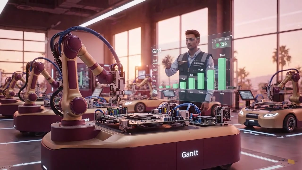 Engenheiro Monitora Montagem Robótica com Display Holográfico em Fábrica Moderna