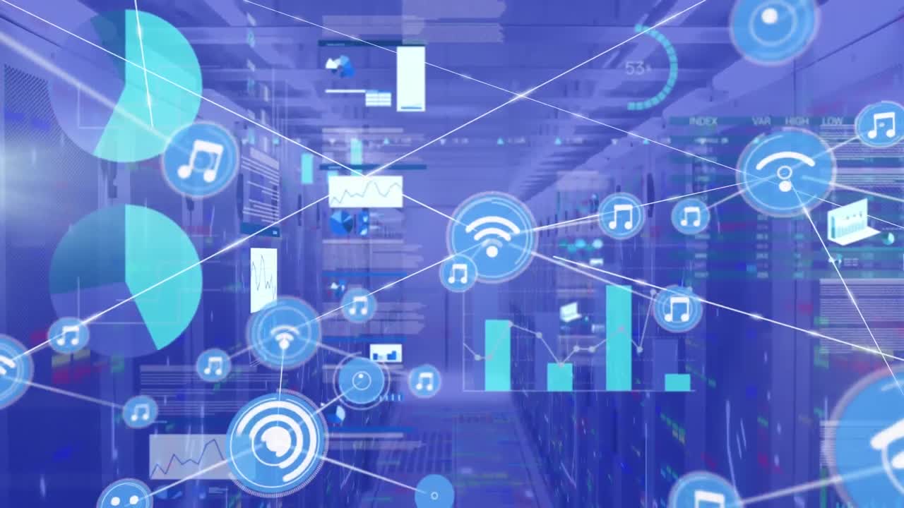 Animation of network of connections with icons and data processing over server room