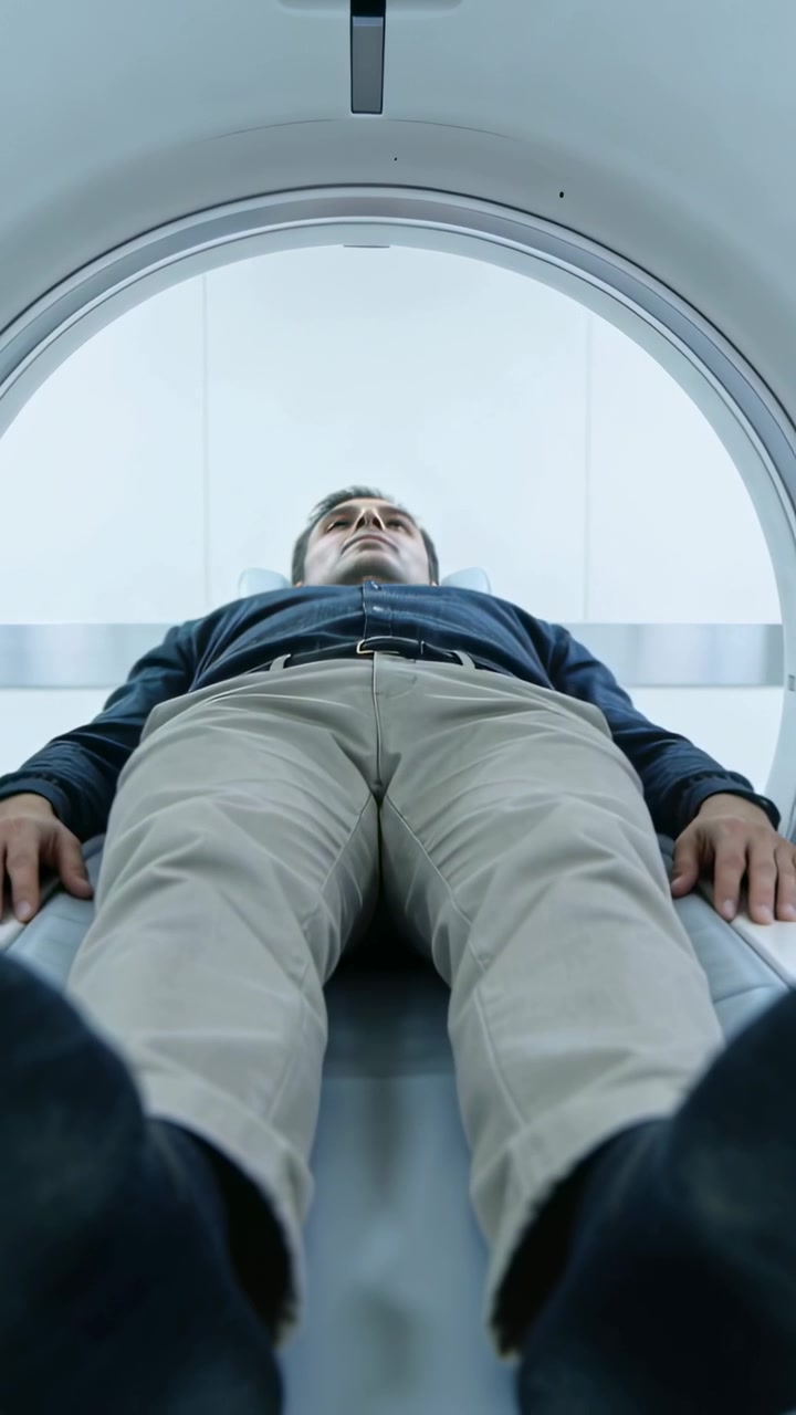 Video verticale: Attivazione del motore del tavolo che trasporta un paziente maschio nell'apertura dello scanner per una TAC