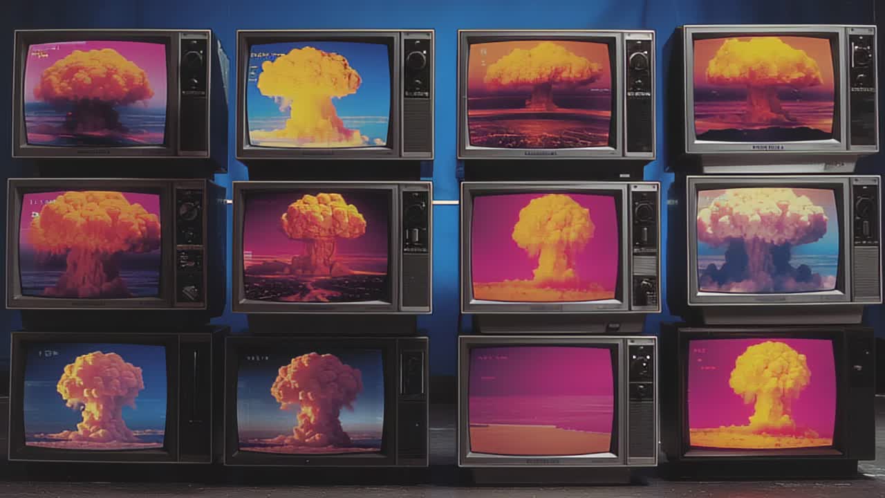 Multiple retro CRT televisions arranged in a grid display bright mushroom cloud nuclear blast scenes, evoking Cold War media, propaganda, and apocalypse themes