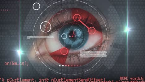 animation of digital icons with network of connections over eye and scope scanning