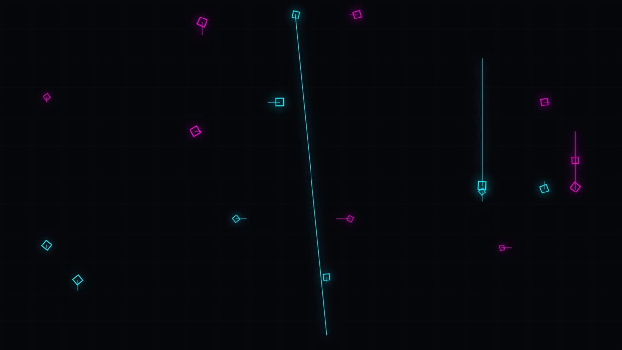 Abstract Neon Geometric Shapes Moving on Dark Grid Background
