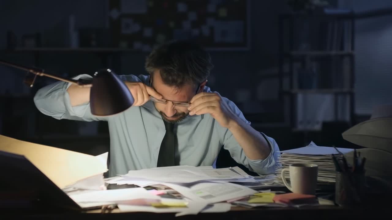 A stressed man at a cluttered desk, shot from a side angle, conveys a tense video scene
