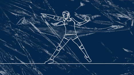 animation of drawing of female handball player throwing ball and shapes on blue background