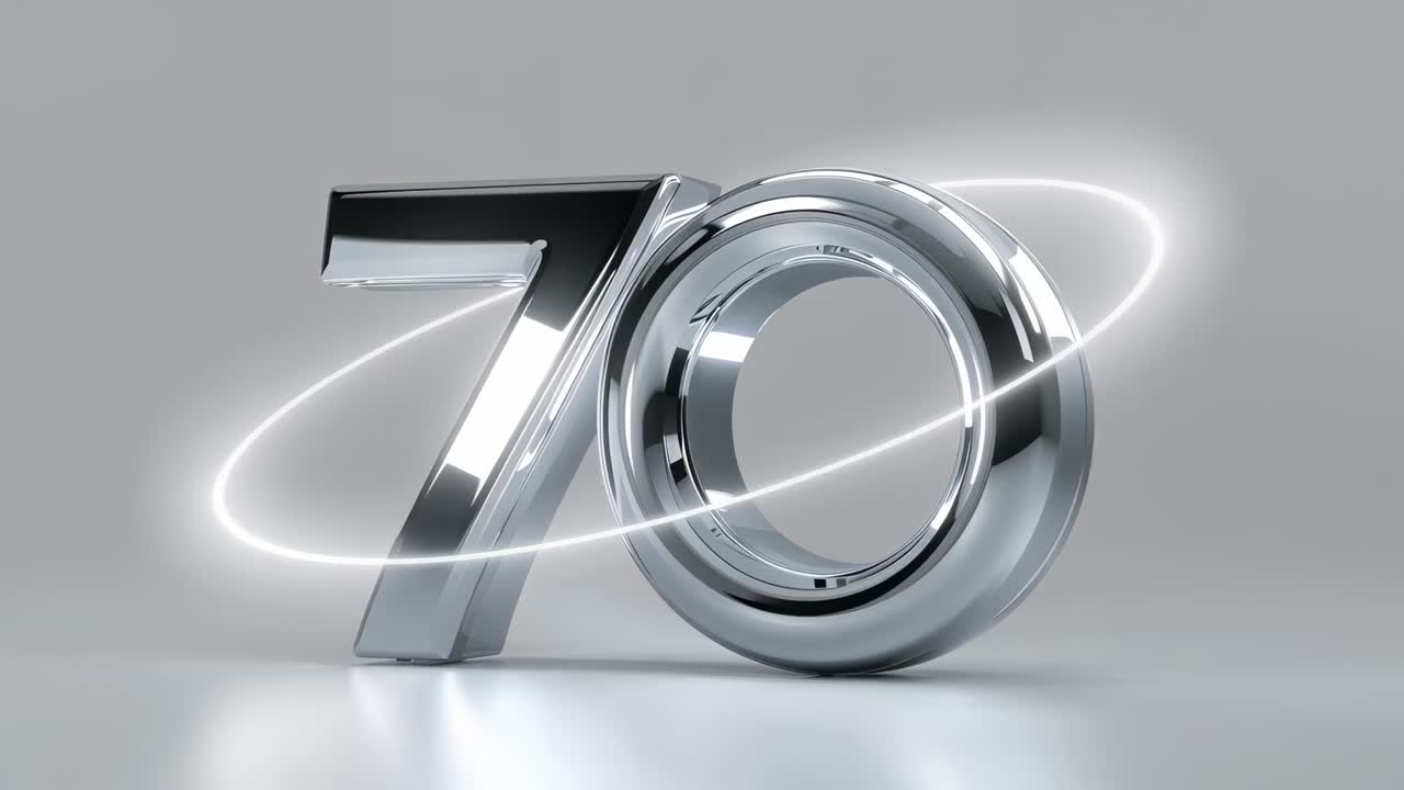 Light ring appearing and orbiting chrome numeral 70 on polished gray floor, creating highlights