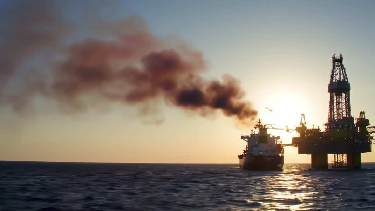 Dramatic Sunset Over Offshore Oil Rig: A Captivating View of Energy Extraction in Action with Silhouetted Vessel and Smoke Against Vibrant Sky