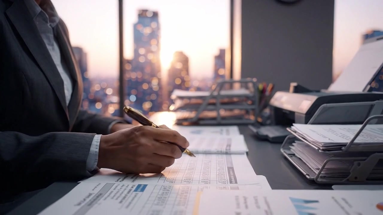 Professional Businesswoman Reviewing Financial Documents at Sunset in Modern Office Setting, Highlighting Dedication and Focus in Corporate Environment