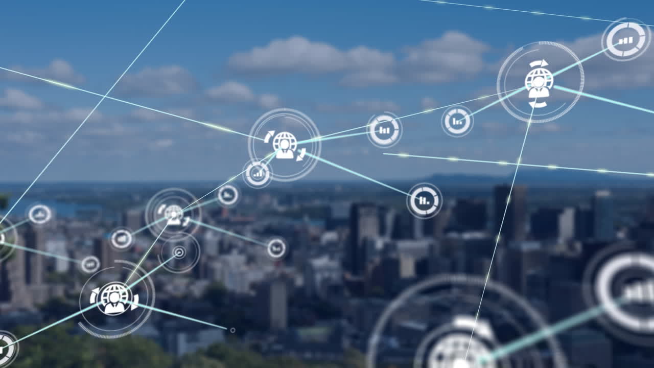 Connectors moving on cityscape background