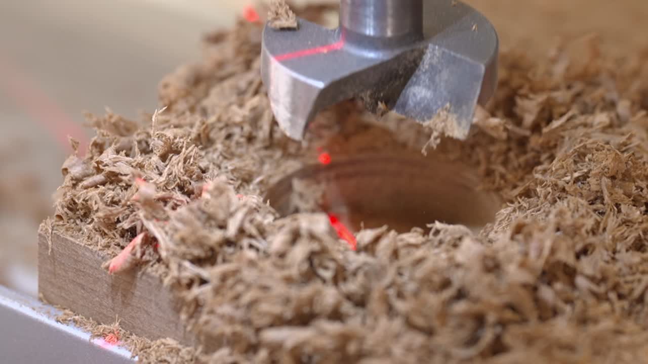 Vídeo macro detalhado de uma furadeira de bancada perfurando madeira, com serragem voando. Processo de marcenaria de precisão, artesanato industrial e ação de fabricação minuciosa.