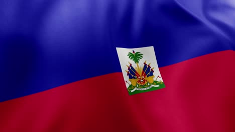 realistic waving flag of haiti, blue and red horizontal bands with central coat of arms. caribbean nation symbol, port-au-prince, patriotism, haiti