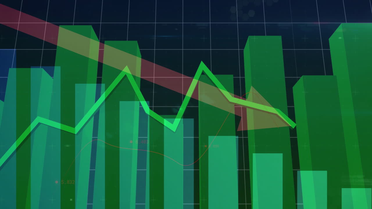 In school, animation showing green bar graph with downward trend arrow for finance