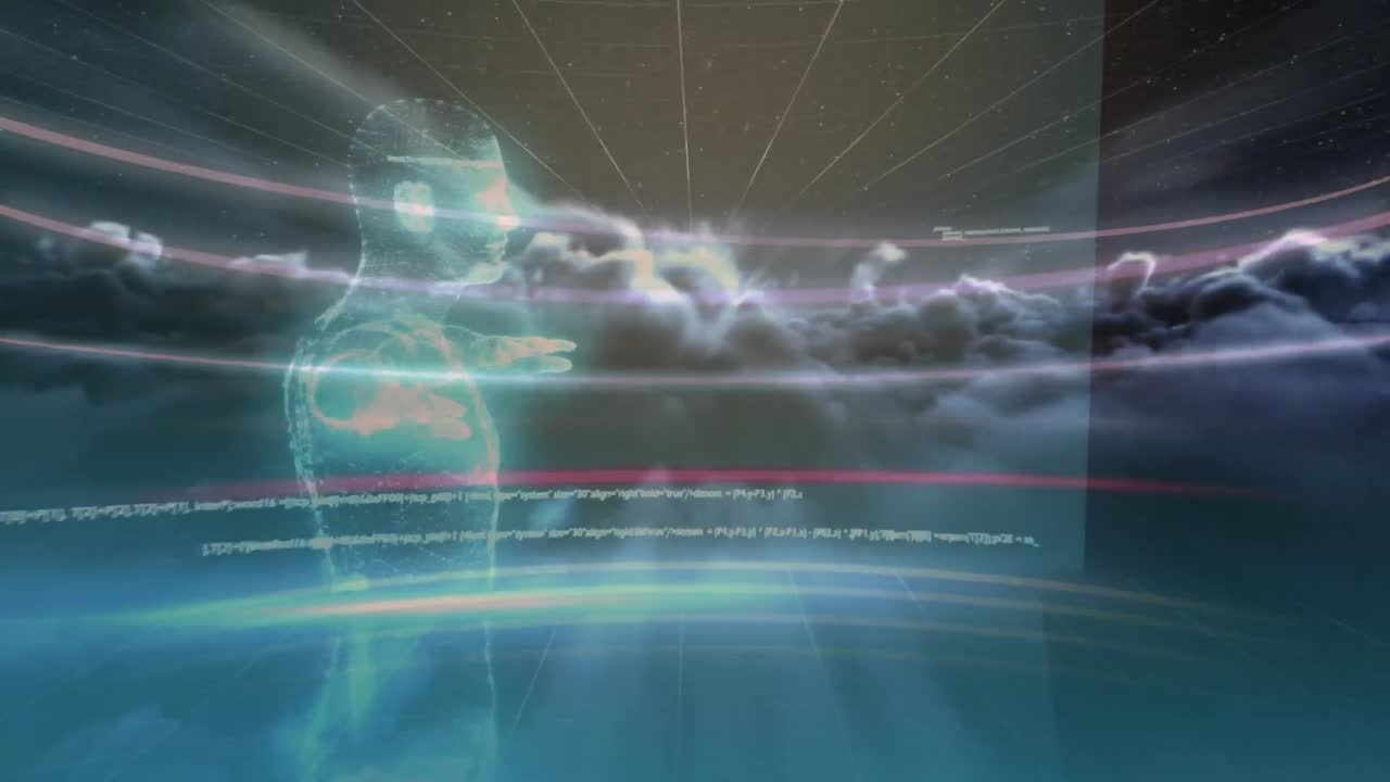 Animation of data processing and digital human over clouds on black background