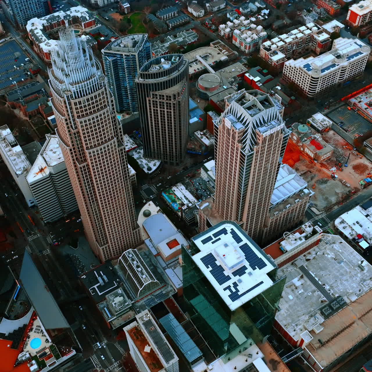 Helicopter view on the downtown of Charlotte, North Carolina, USA. Diversity of buildings in the urban architecture.
