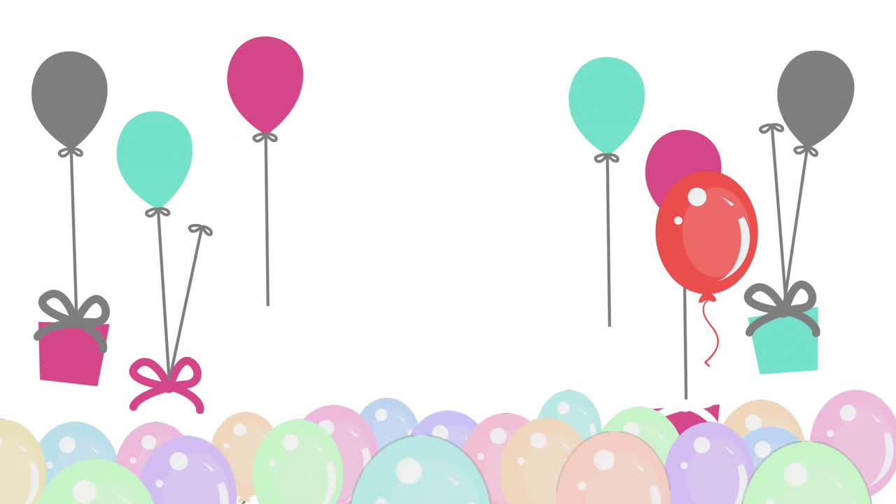 Animazione di palloncini e regali con spazio per il testo su sfondo bianco