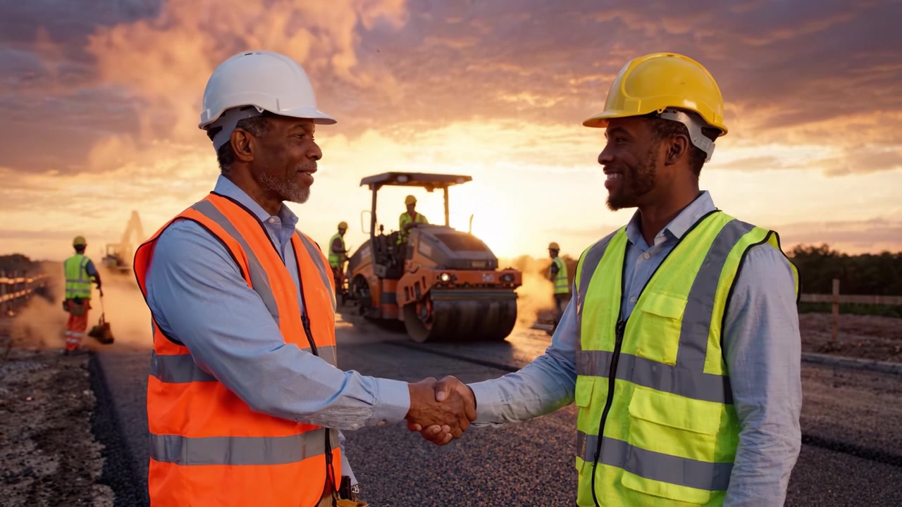 Two construction workers engage in conversation while overseeing a road project at sunset, showcasing teamwork and dedication to infrastructure development in their vibrant safety gear.