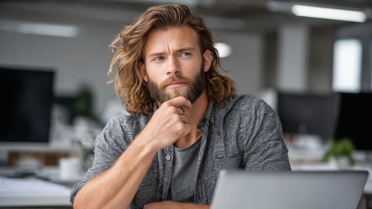 Pensive Young Man in Casual Attire Contemplating Ideas in an Office Setting, Surrounded by Technology and an Atmosphere of Creativity and Inspiration