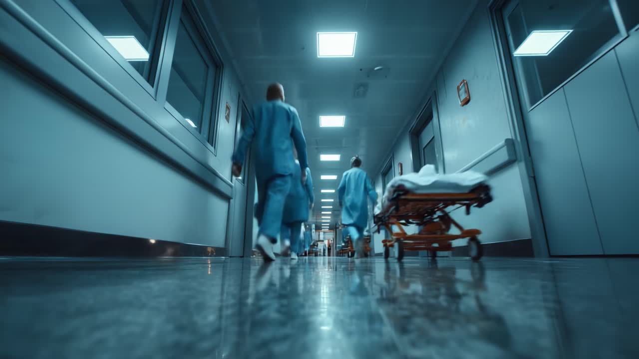 A Dimly Lit Hospital Corridor Featuring Medical Staff in Scrubs and Gurneys, Capturing the Essence of Healthcare and Urgency in a Clinical Environment