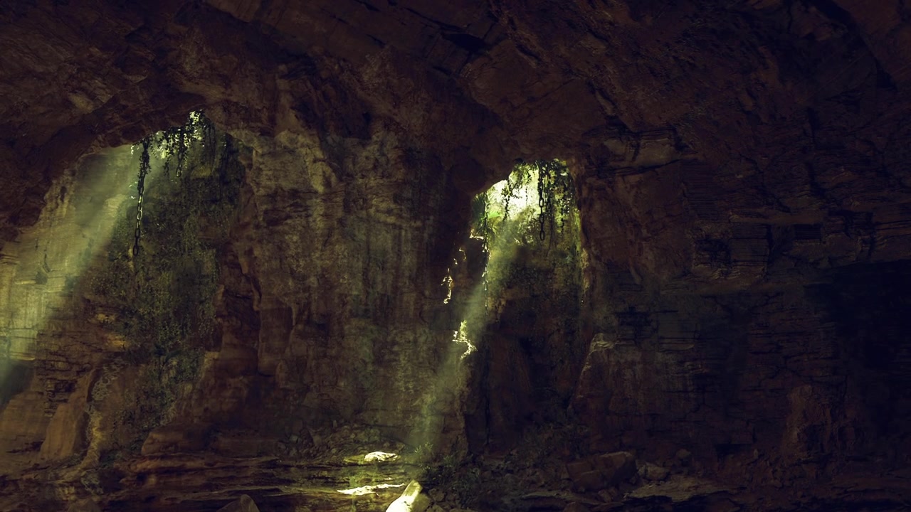 Cena subterrânea com sombras contrastantes e elementos de pedra texturizados