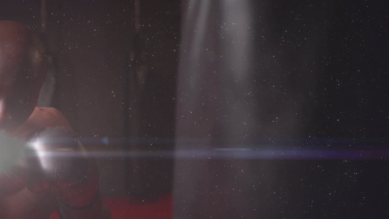 Male boxer turning to camera and shadowboxing training, jabbing, black-gloved, red bag, flare dust