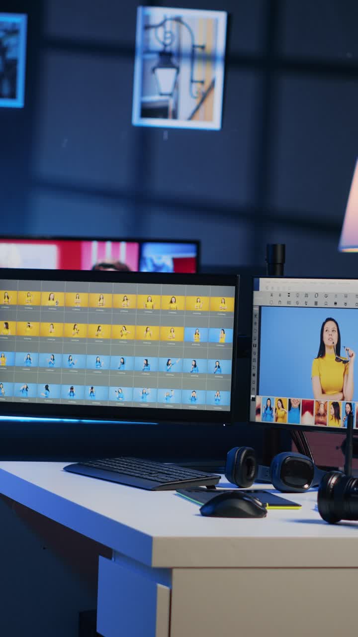 Vertical video Creative office in media company with multi monitor computer setup used for image retouching