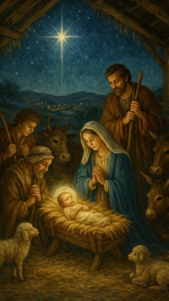 Una serena scena della natività, catturata da una angolazione bassa, perfetta per un tema video natalizio
