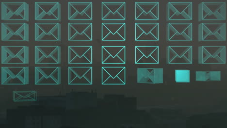 animación de iconos de sobres de correo electrónico y procesamiento de datos en el cityscape.