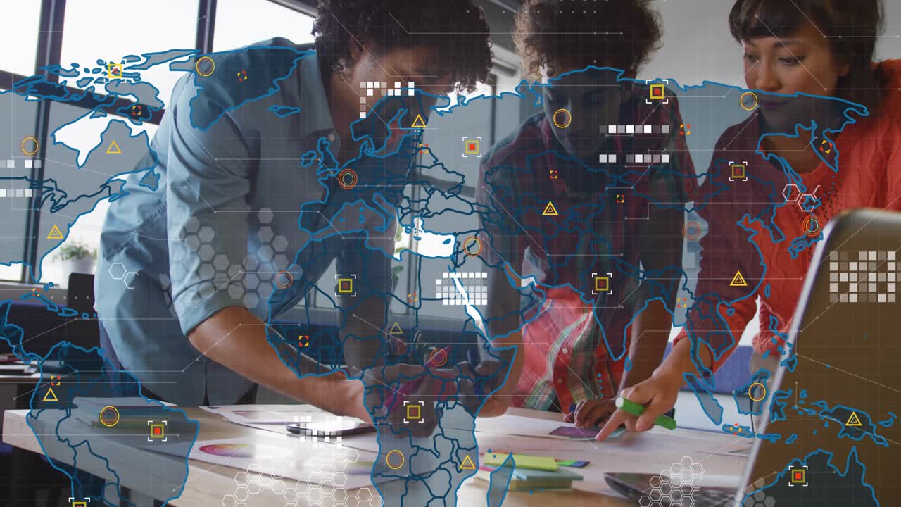 Team tapping phone and marking charts in business planning meeting, fading in AR map overlay