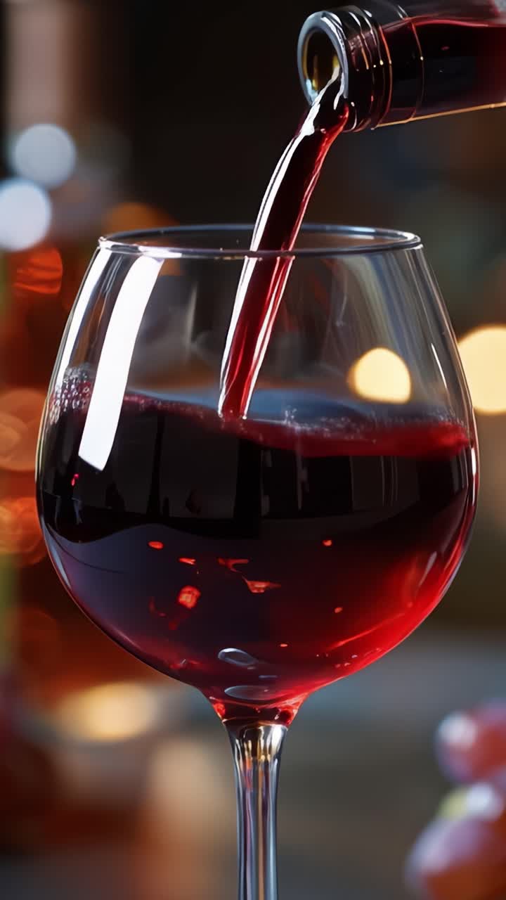 Uno scorcio di eleganza: versare ricco vino rosso in un bicchiere splendidamente curvo, catturando momenti di lusso in un ambiente accogliente e suggestivo.