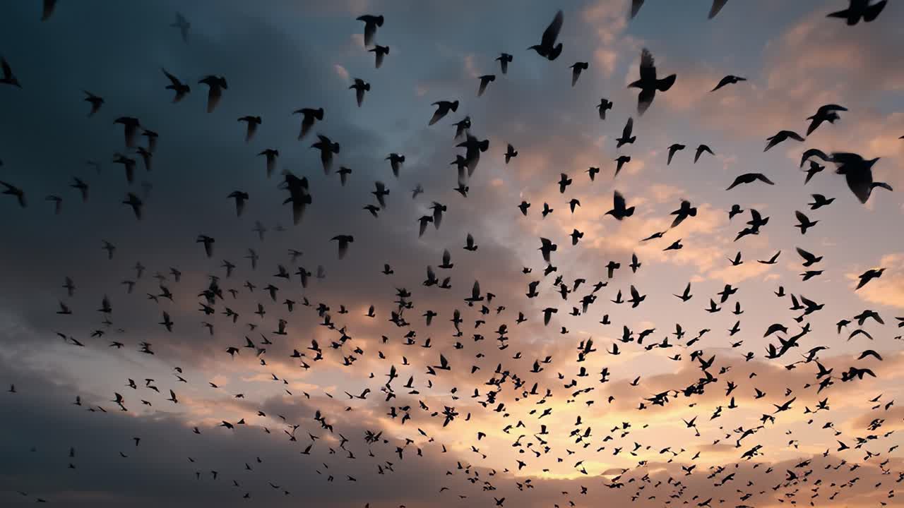 A Majestic Display of Hundreds of Birds Flying Together Against a Dramatic Sky at Sunrise and Sunset, Illustrating the Beauty of Nature's Harmony and Movement