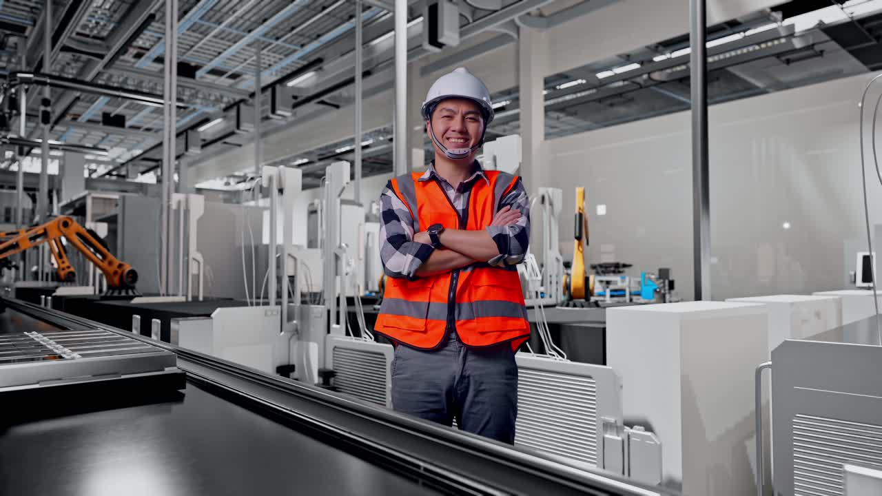 Ingegnere maschio asiatico a figura intera con casco di sicurezza che incrocia le braccia e sorride alla telecamera mentre è in piedi, linea di produzione di batterie automatizzata in una fabbrica moderna