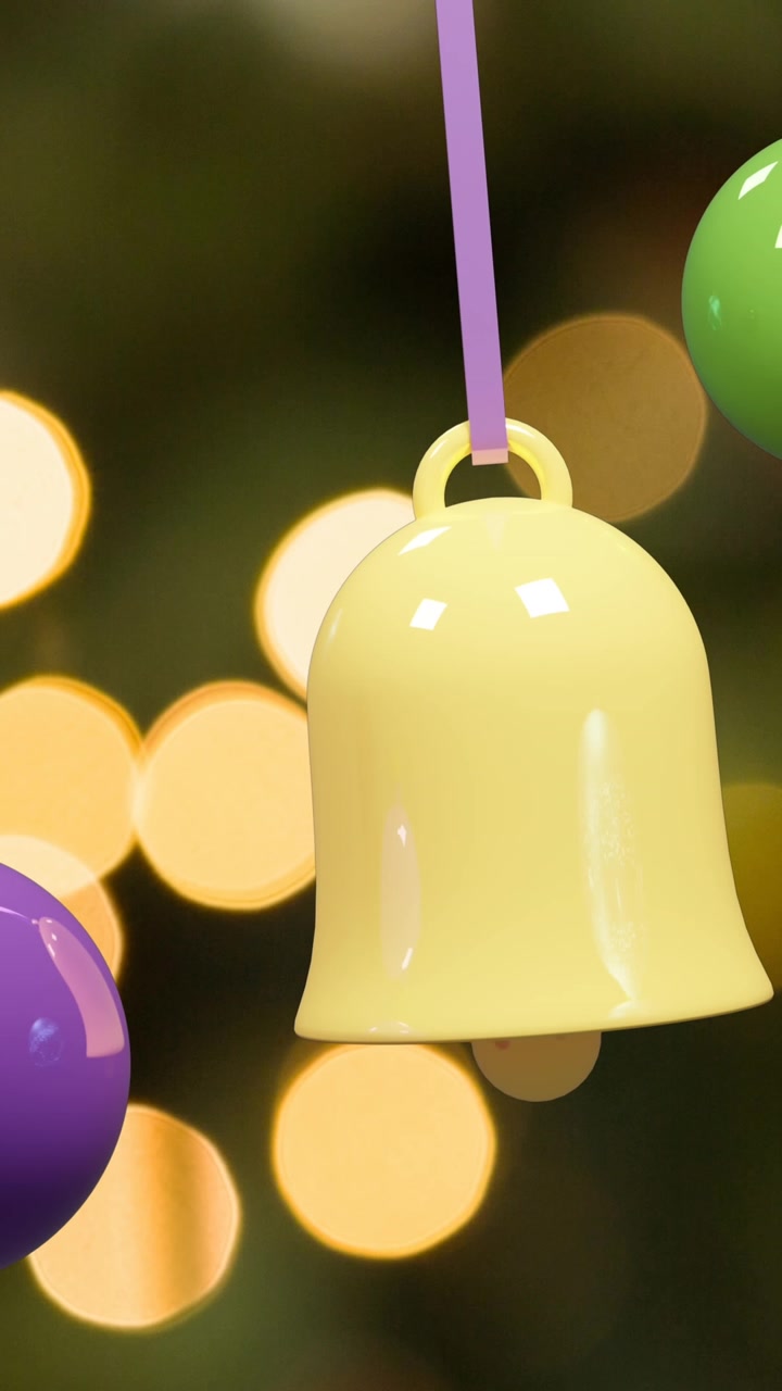 Animazione di decorazioni natalizie che pendono su lucine sullo sfondo