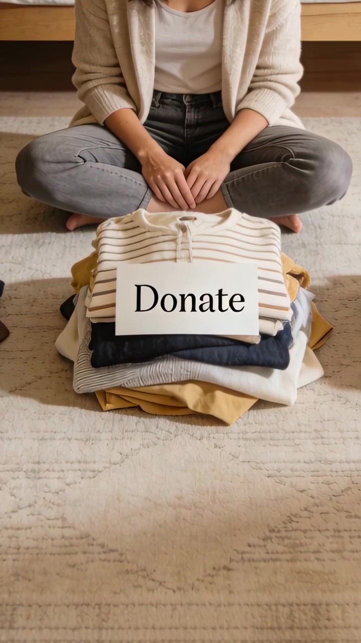 Video verticale: Una donna con cardigan posiziona un cartello "Dona" e sistema una pila di vestiti a casa per la donazione.