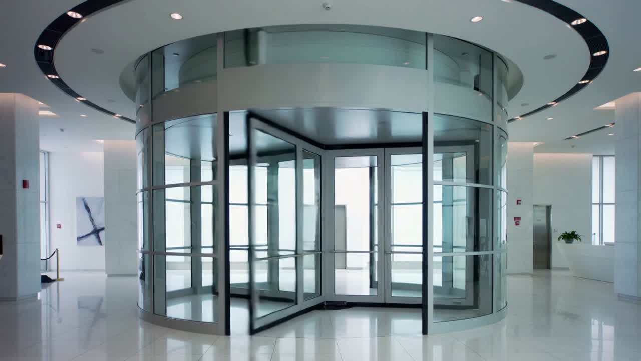 Porta girevole di vetro che ruota in senso orario su un sensore per l'ingresso nella hall, con struttura in metallo.