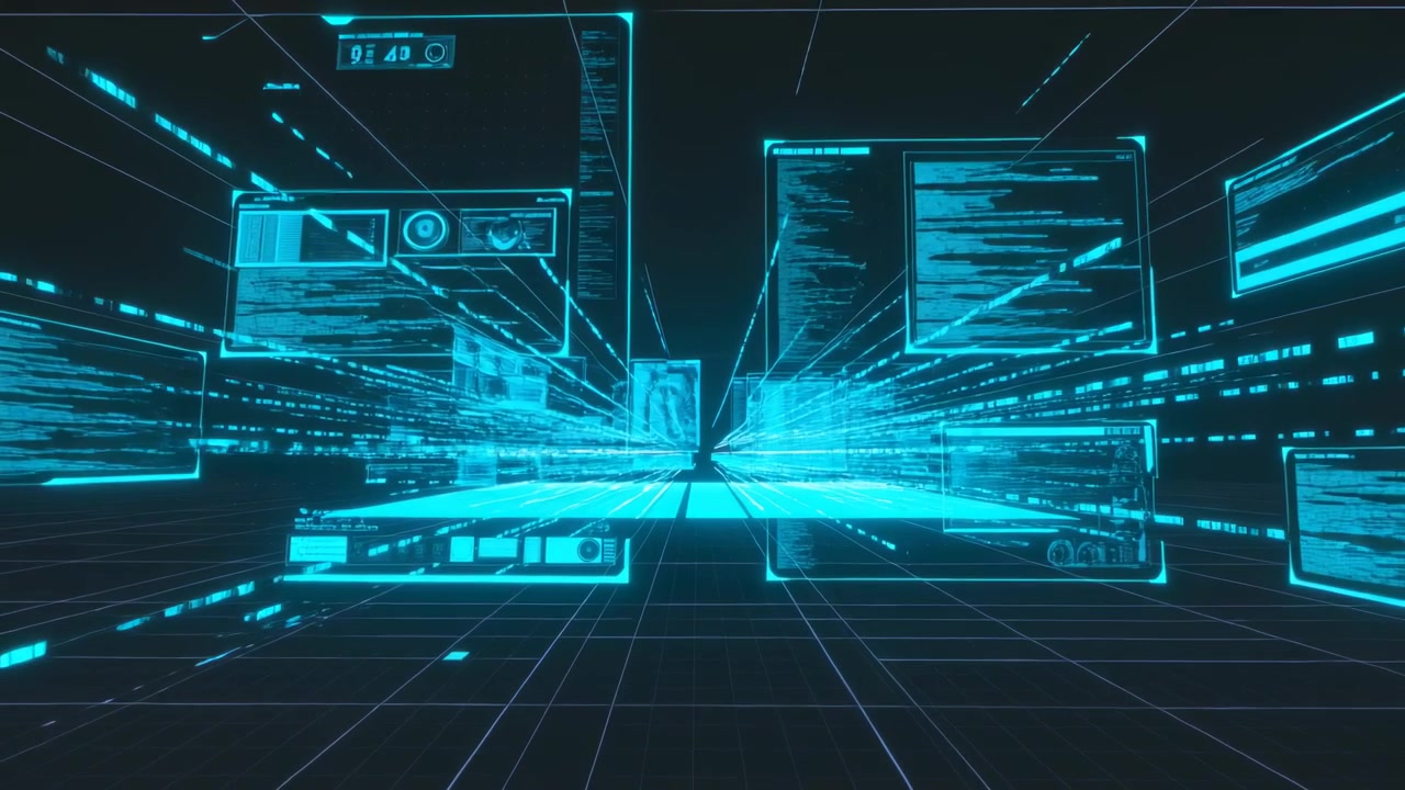 Streaming holographic panels, light trails from center horizon across grid floor, showing data flow