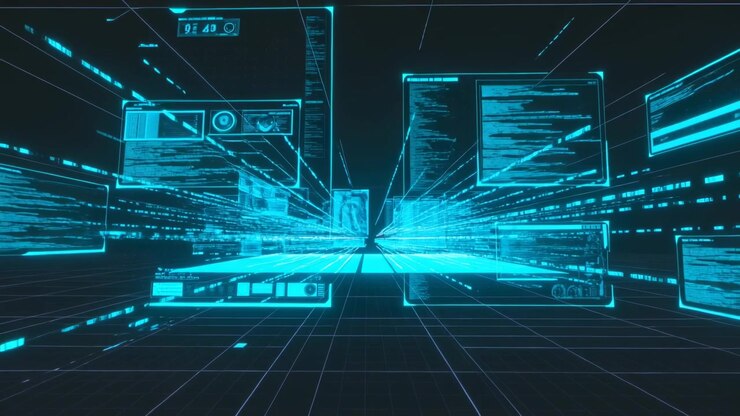 Streaming holographic panels, light trails from center horizon across grid floor, showing data flow