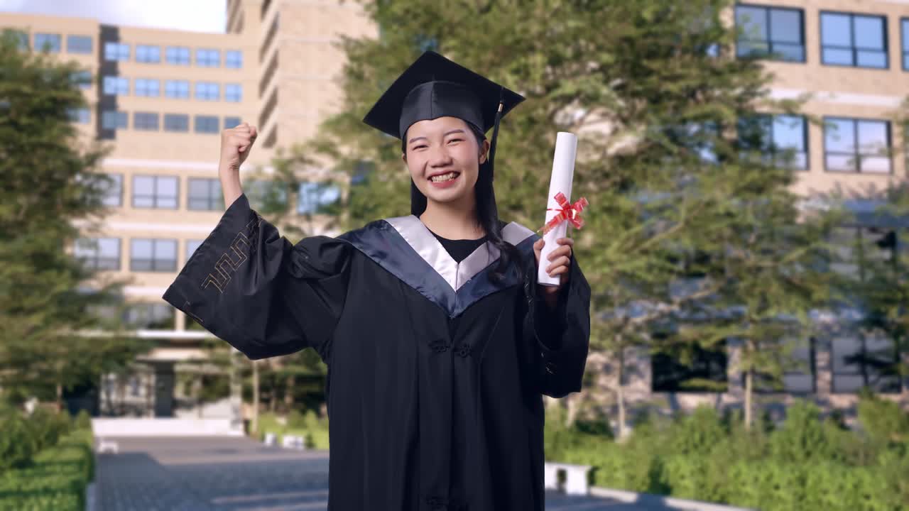 estudiante asiática se gradúa con gorra y bata con diploma flexionando su bíceps y sonriendo a la cámara frente a un magnífico edificio universitario