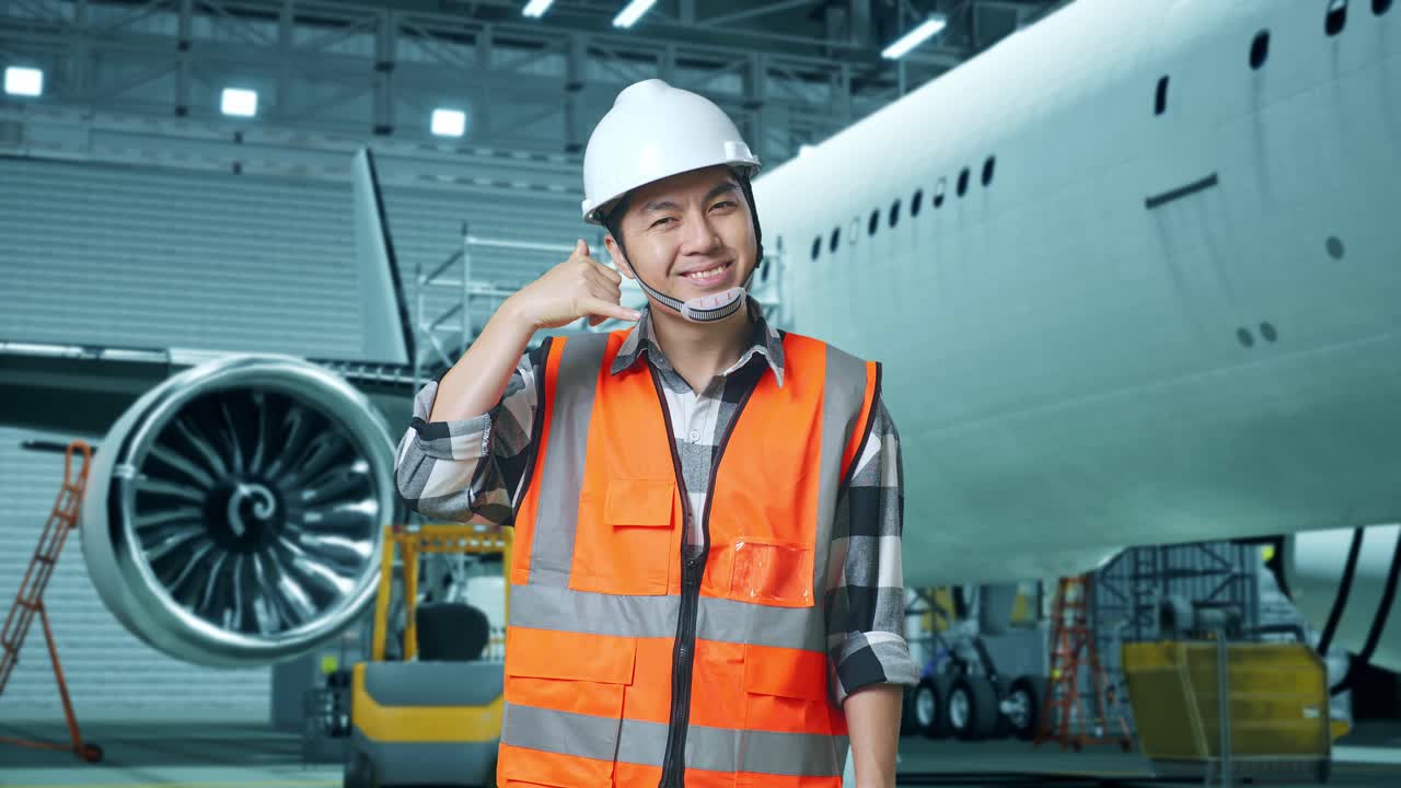 ingegnere maschio asiatico con casco di sicurezza in piedi con l'aereo nell'hangar. sorridendo alla telecamera e facendo il gesto di chiamarmi durante la manutenzione dell'aere o