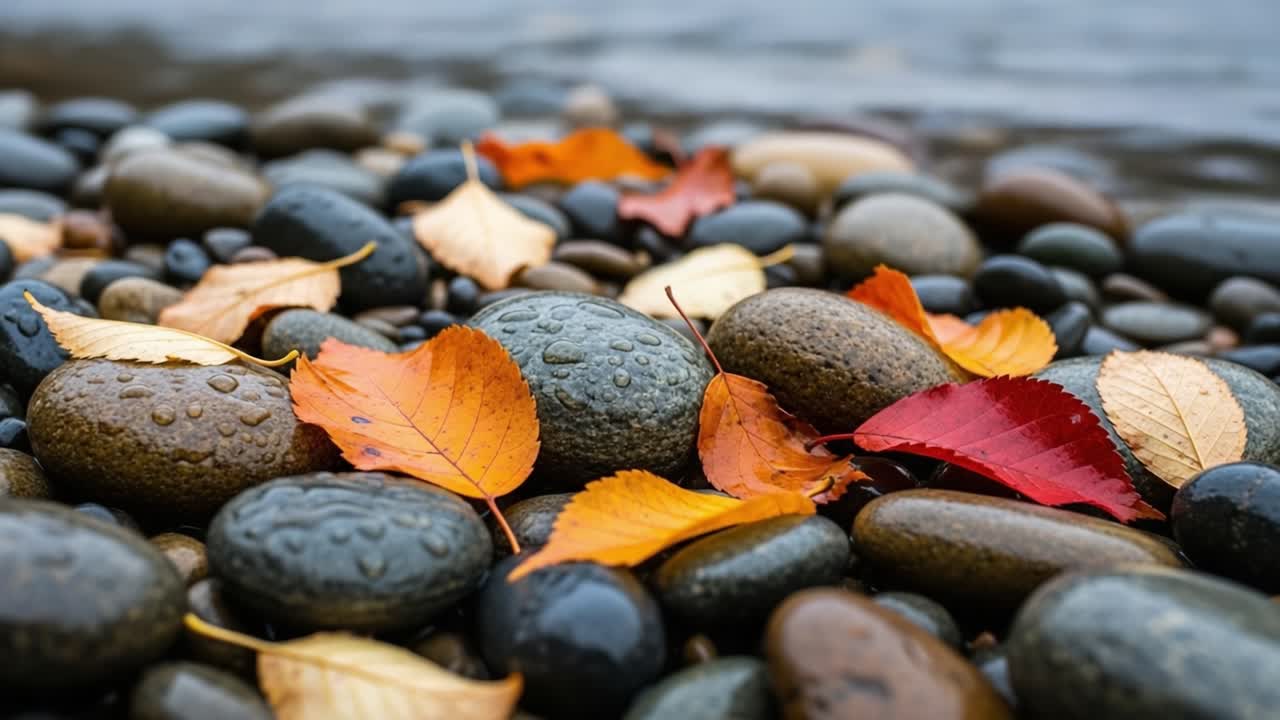 A Beautiful Autumn Scene Featuring Colorful Leaves Among Smooth River Stones, Captured With Raindrops Enhancing the Natural Beauty and Serenity of the Landscape