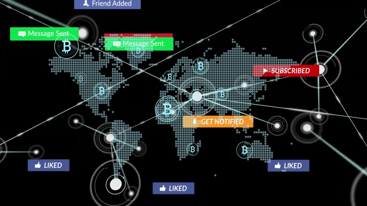 Prikket verdenskortnetværk visualiserer Bitcoin-ikoner, etiketter svæver på glødende linjer på en mørk brugerflade.