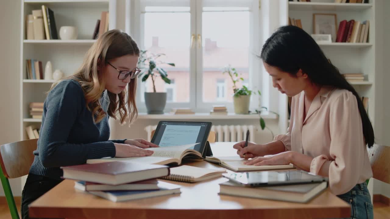 Due studenti che studiano sfogliando le pagine di un libro di testo e prendendo appunti in una sala studio, con l'ausilio di un tablet