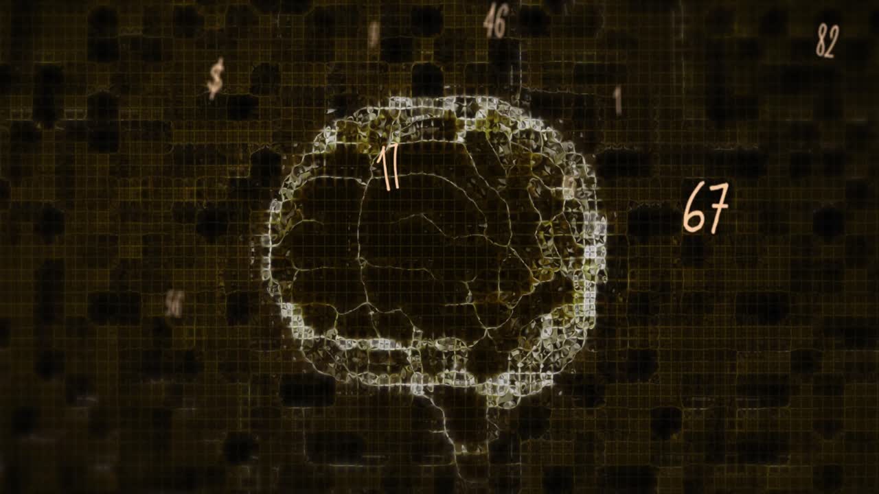 Multiple numbers floating against human brain spinning on black background