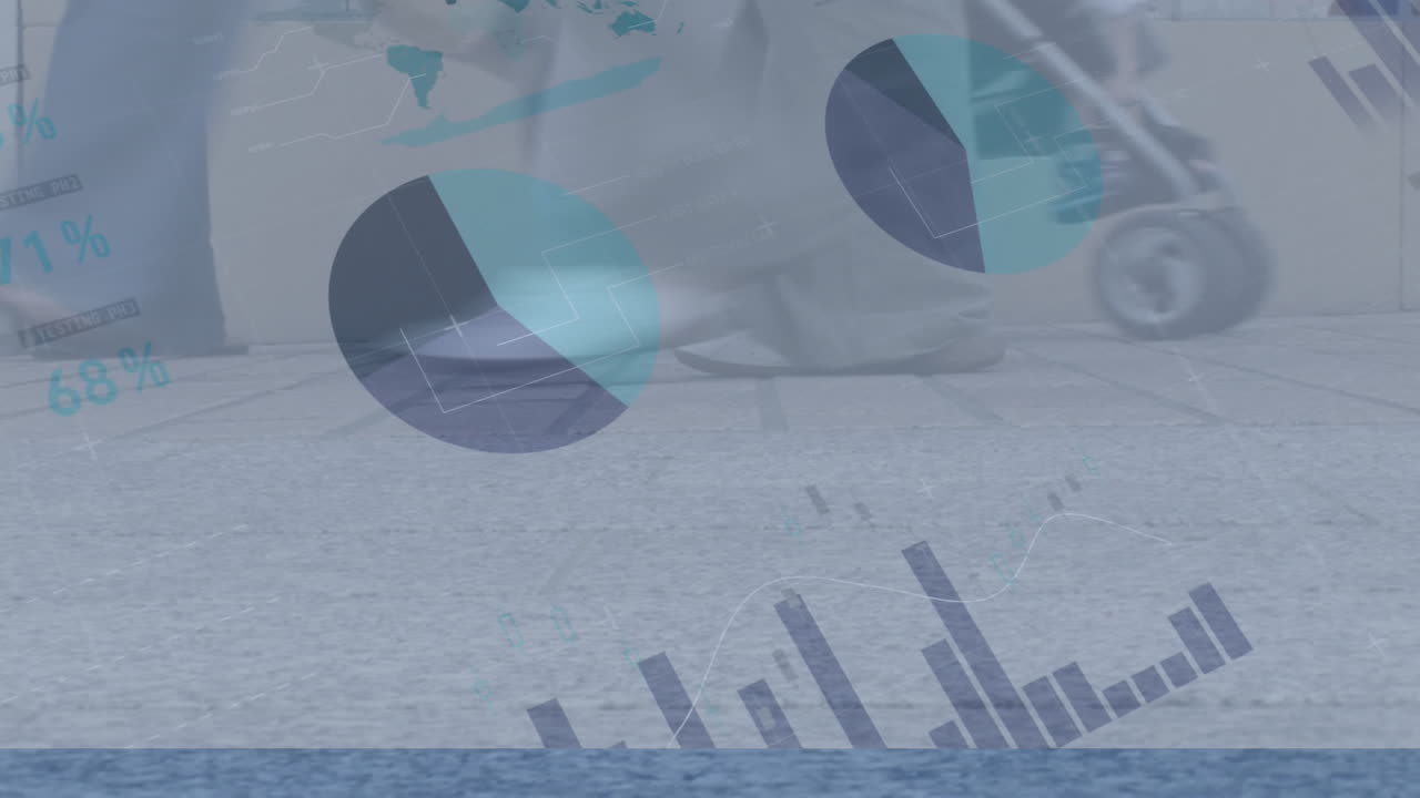 animación del procesamiento de datos financieros sobre diversas personas que caminan por la calle