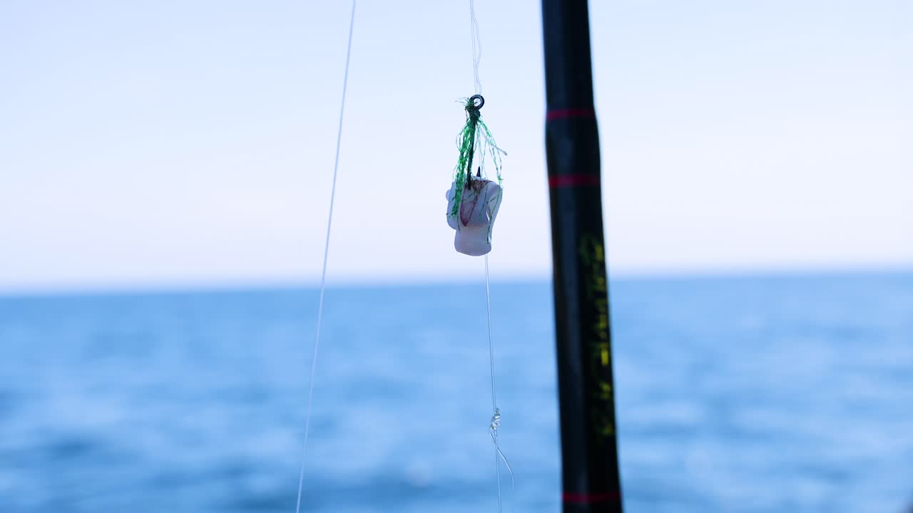 una línea de pesca con un señuelo de pulpo se balancea suavemente contra el telón de fondo del océano en phuket, tailandia