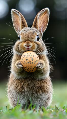 cute rabbit holding a speckled egg in a grassy field during spring