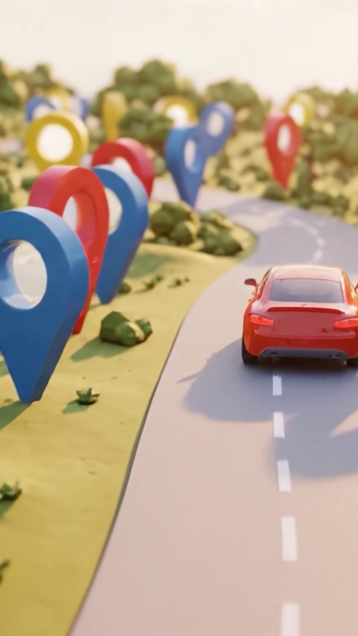 Scena animata che raffigura un paesaggio stradale colorato con marcatori di geolocalizzazione e un'auto che attraversa un ambiente moderno e stilizzato.