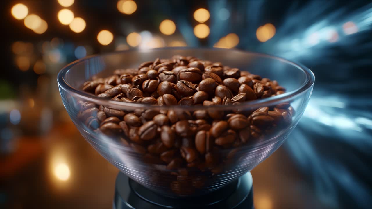 Un accattivante primo piano di chicchi di caffè tostati in una ciotola di vetro con uno sfondo dinamico, che mette in risalto la ricchezza e l'aroma del caffè appena preparato