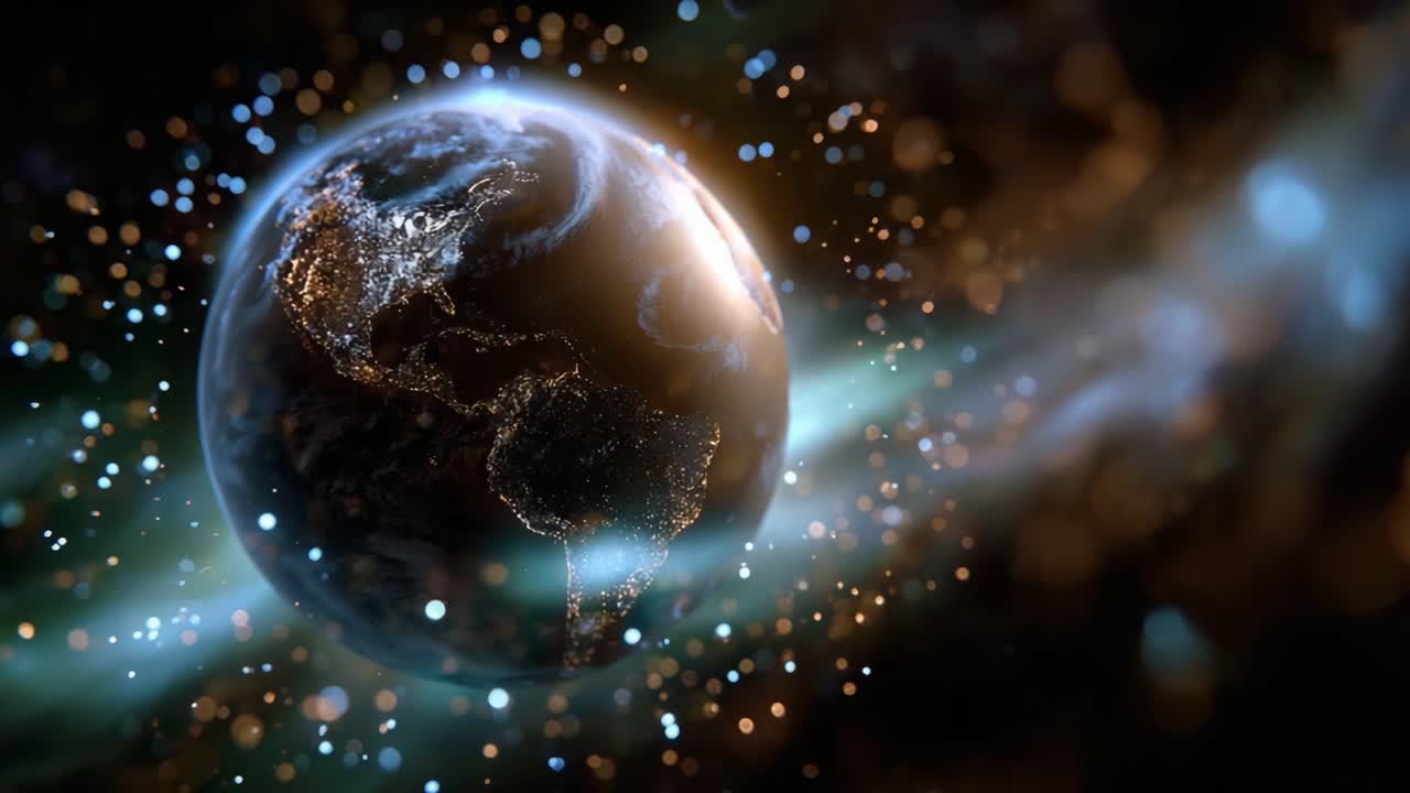 A breathtaking view of Earth amidst a cosmic backdrop filled with luminous particles, showcasing the beauty and wonder of our planet in the vast universe