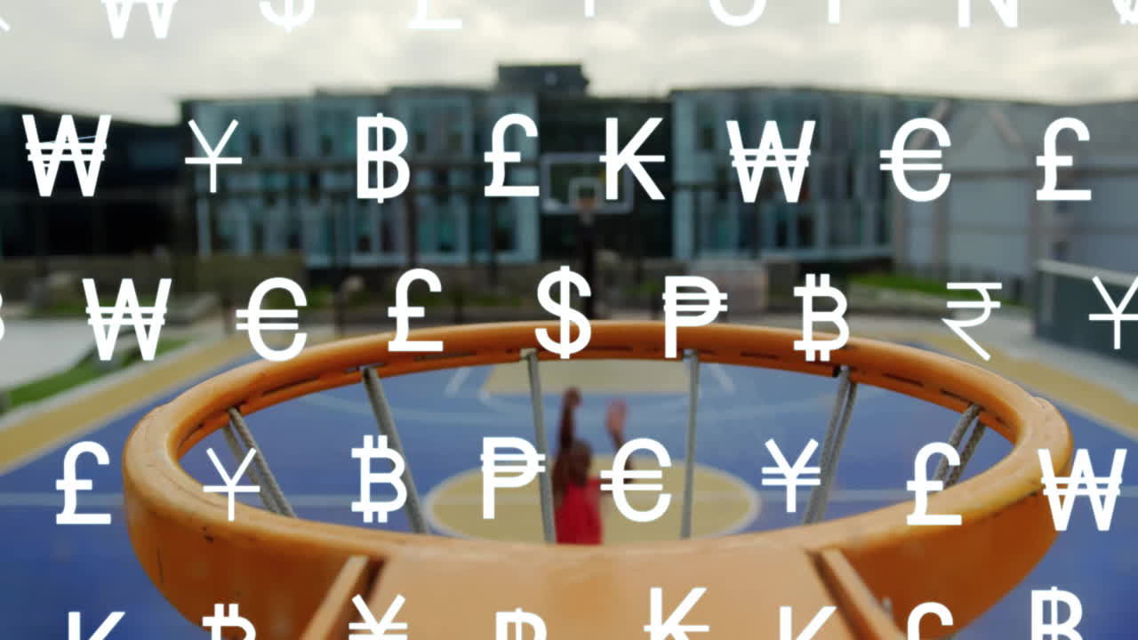 In school, animation of person shooting at basketball hoop with currency symbols