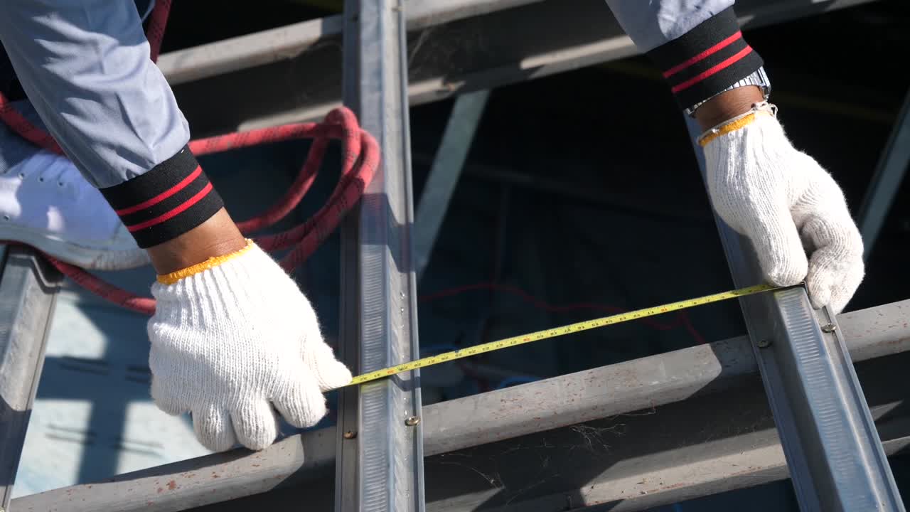 Asian Worker Doing Roof Tiles Installation, Cutting, Measuring Process, Close Up