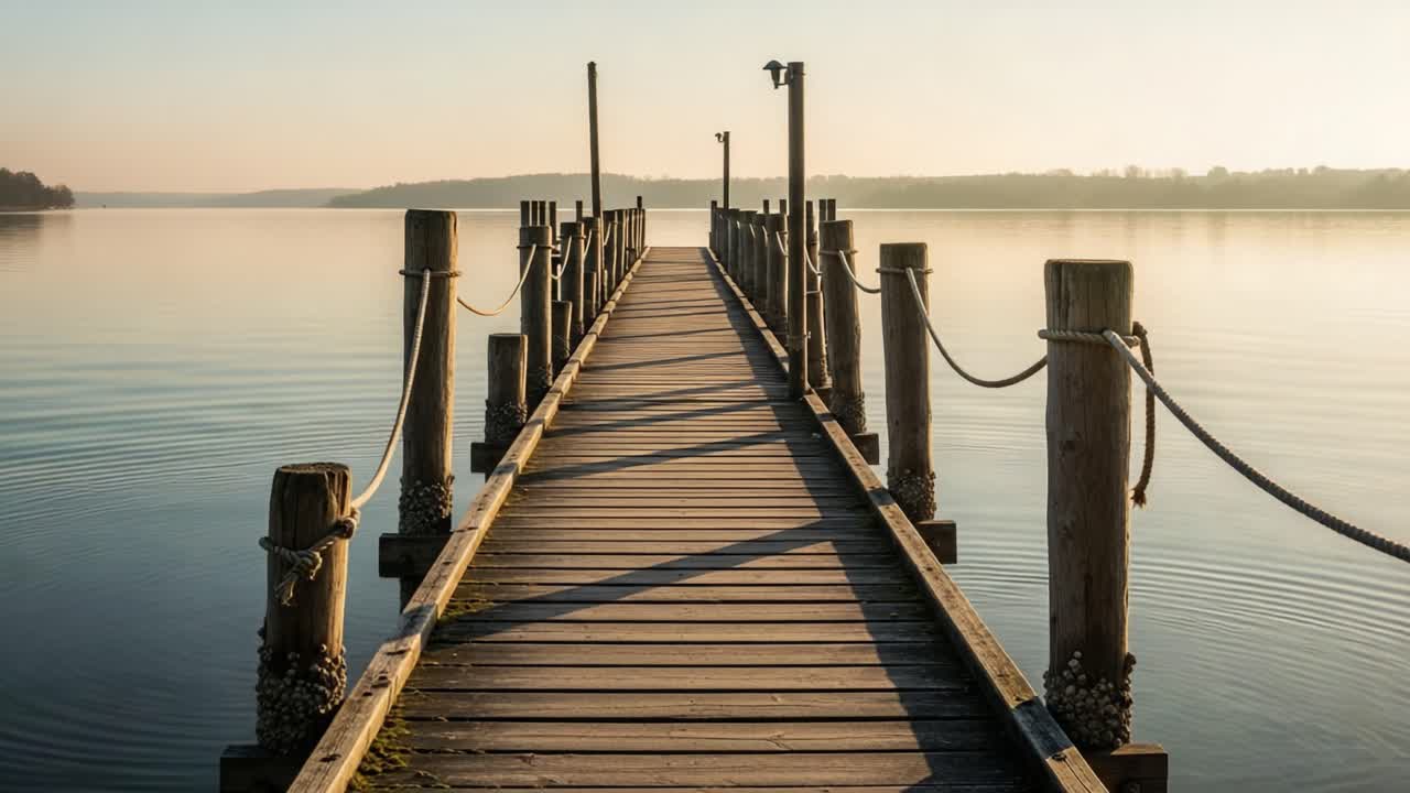 A Tranquil Pier Extending into the Serene Waters at Dusk, Capturing the Beauty of Nature's Reflection and Golden Hour Light